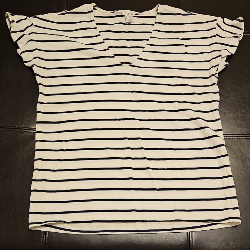 J.Crew Navy and White Striped V-Neck Top with flutter sleeves